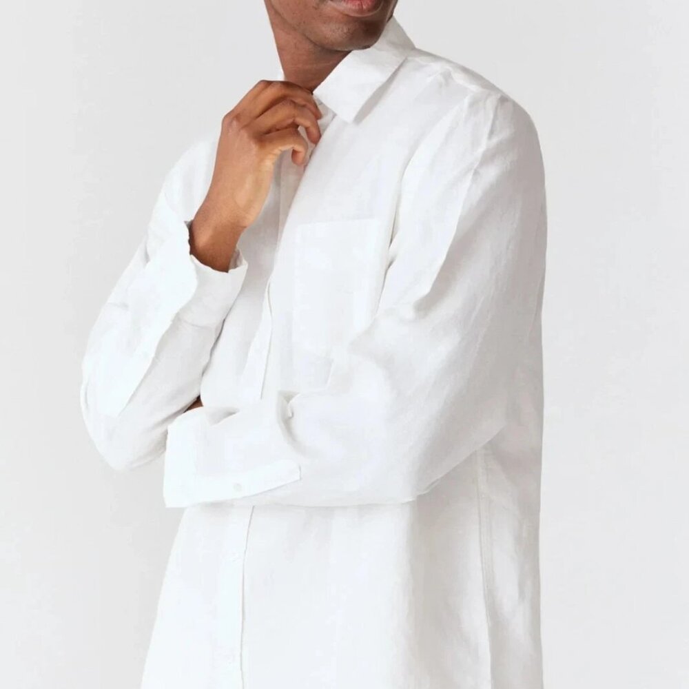 NWT MOVESGOOD Men's White BAMBOO Classic Linen Lenny Long Sleeve Shirt Medium